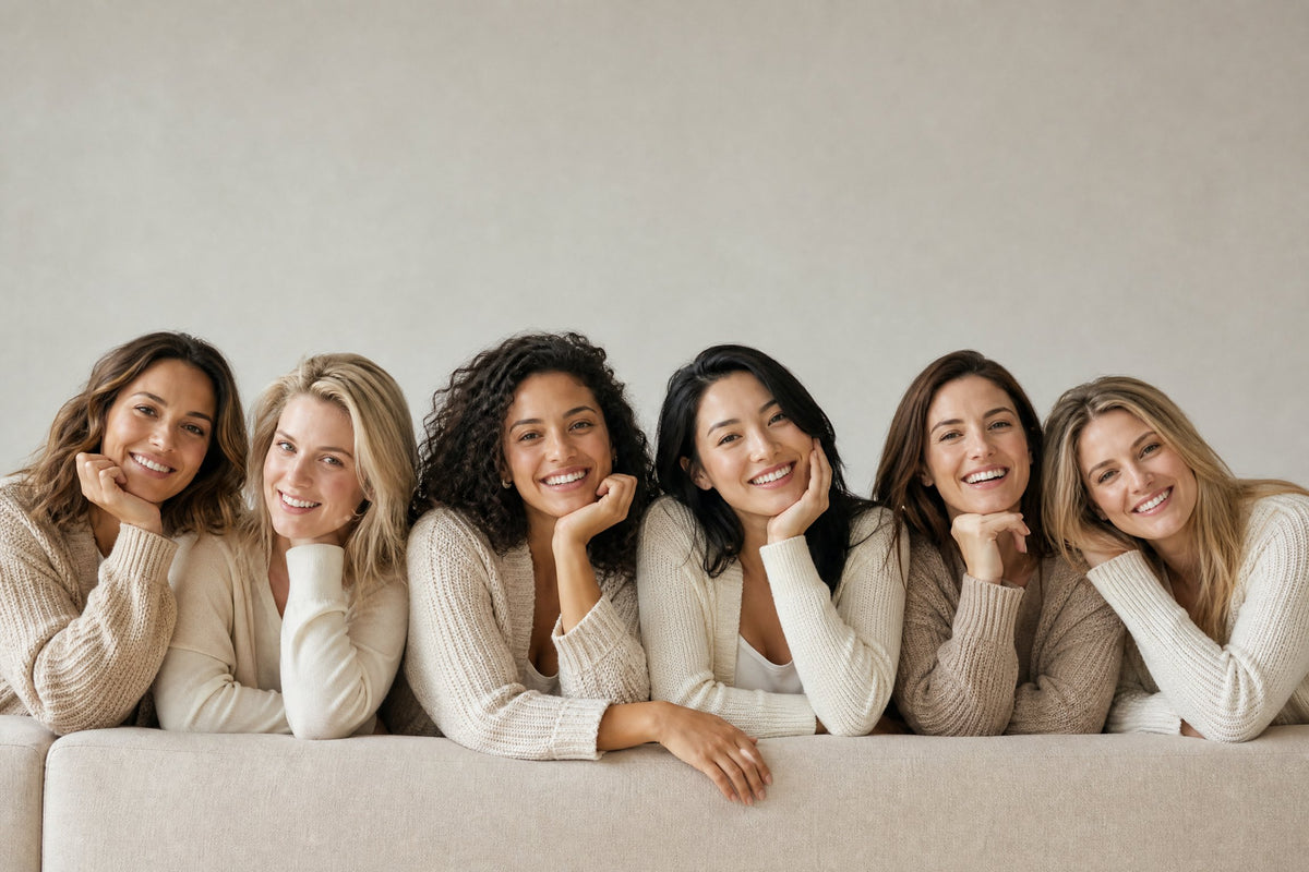 Gruppo di sei donne vestite di beige che si appoggiano rilassate allo schienale di un divano beige e sorridono felici alla fotocamera.